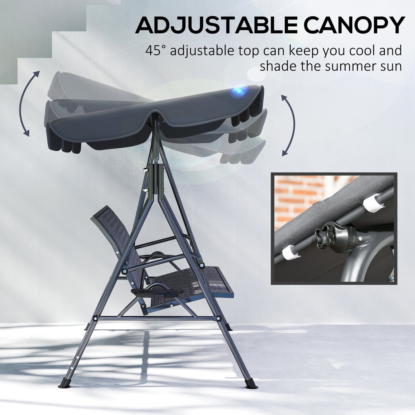 3 Seater Swing Chair, Garden Swing Seat Bench with Adjustable Canopy, Rattan Seat and Steel Frame for Patio, Yard, Grey