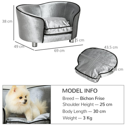 Dog Sofa Pet Chair, Kitten Bed Couch w/ Wooden Frame, Removable Cushion - Silver-Tone and Grey