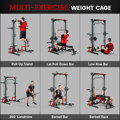 Cable Crossover Machine, Multi-Function Power Rack with Pull Up Bar, Lat Pull Down System, Squat Rack, Barbell Bar