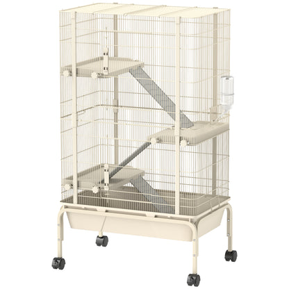4-Level Rolling Small Animal Cage, Rabbit Cage with 3 Ramps, Water Bottle, Food Dish, 15cm Deep Tray, Beige