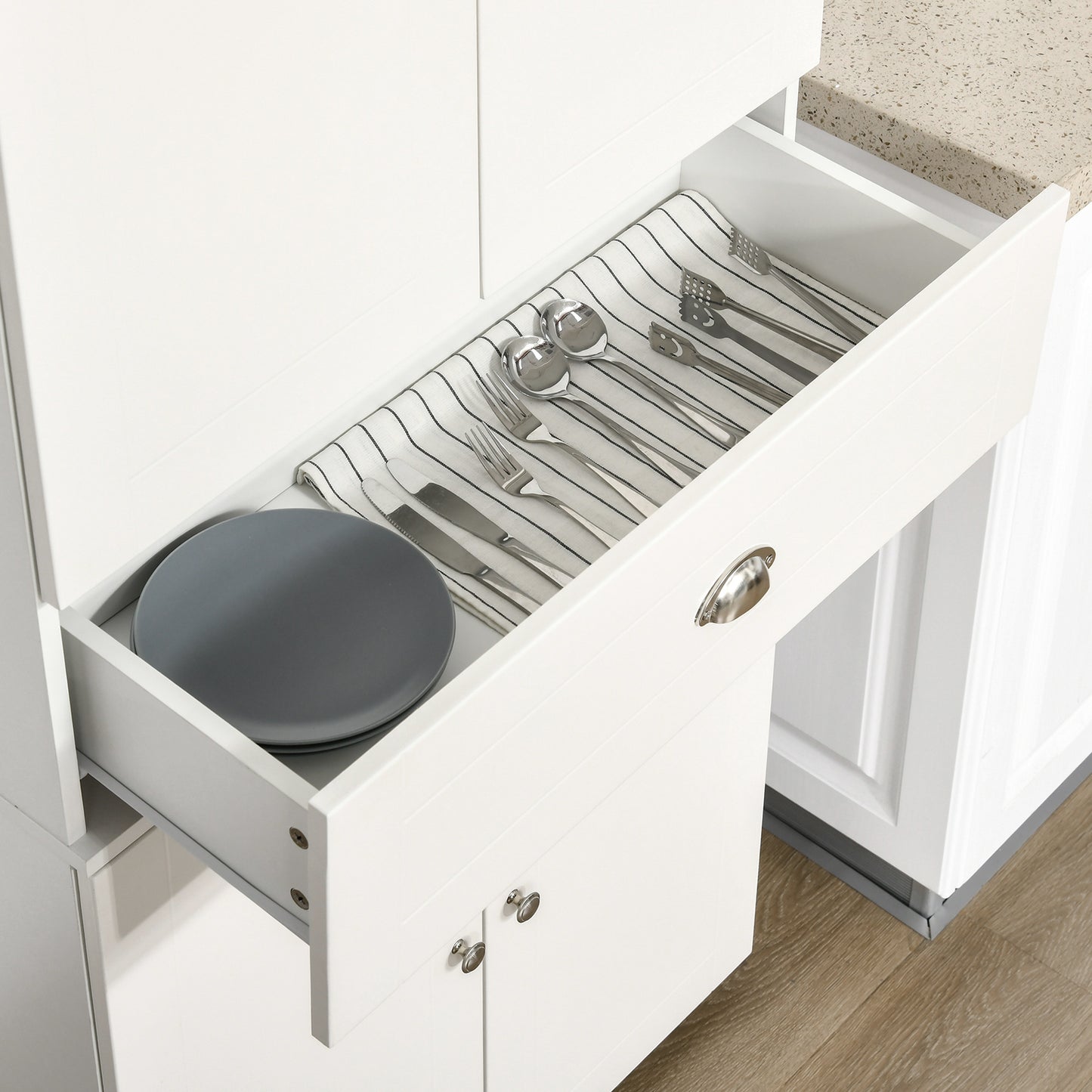 184cm Tall Kitchen Cupboard, Freestanding Kitchen Pantry Storage Cabinet with 4 Doors, 3 Adjustable Shelves, Drawer