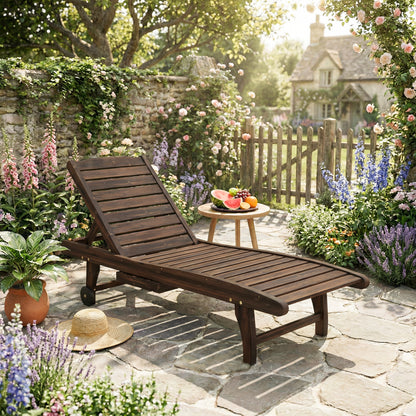 Outdoor Wooden Sun Lounger with Built-In Table, Carbonised Finish