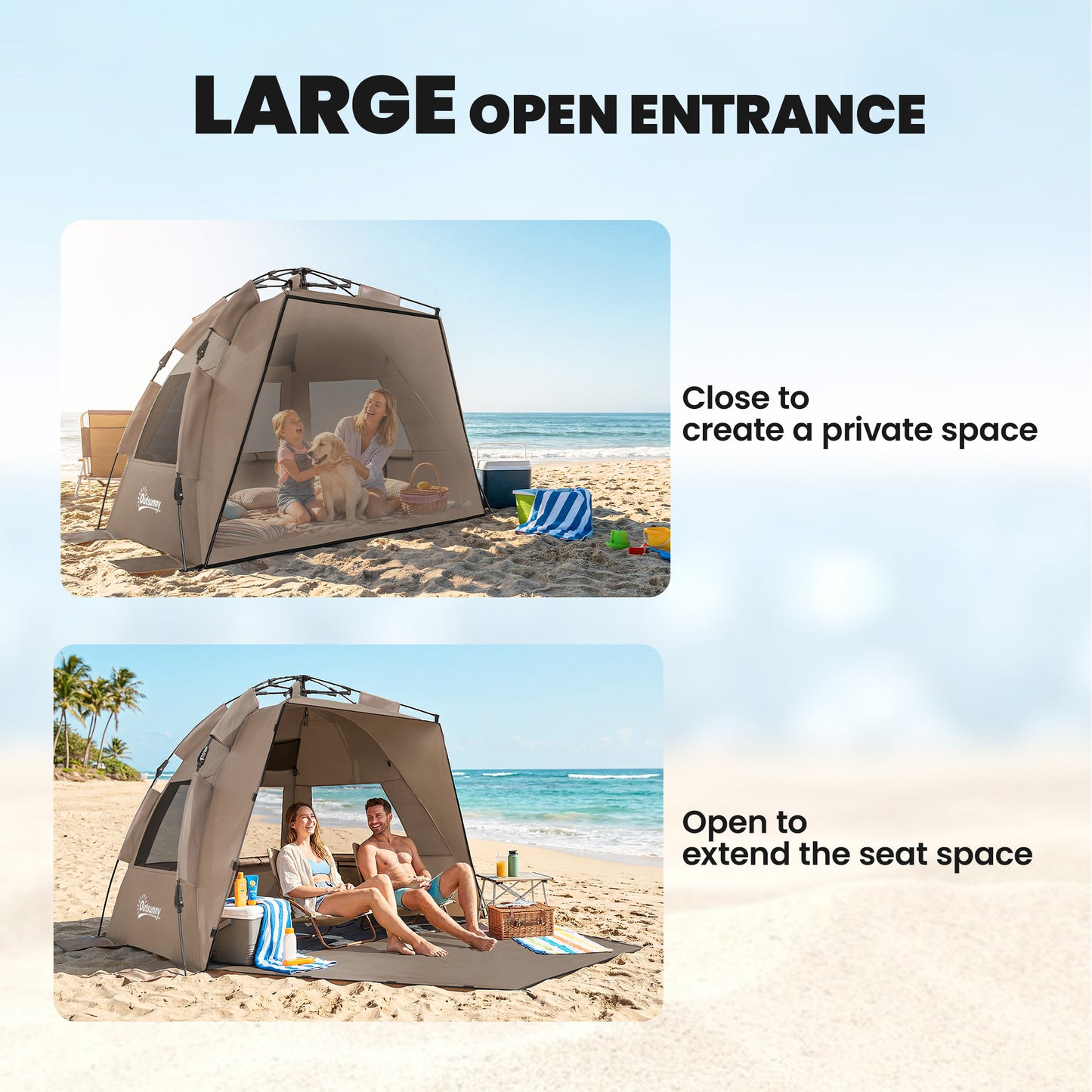 2-3 Person Pop Up Beach Tent, UPF15+ Sun Shelter with Extended Floor, Sandbags, Mesh Windows and Carry Bag, Brown