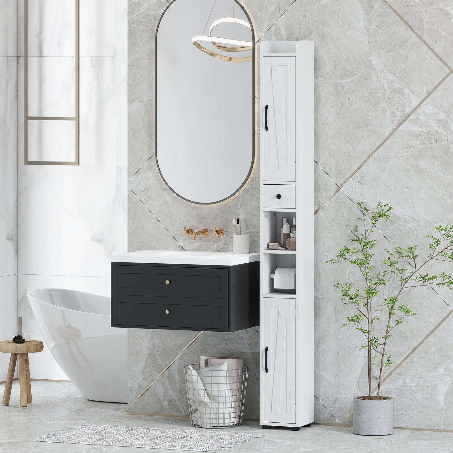 Tall Bathroom Cabinet, Farmhouse Slim Bathroom Storage Cabinet with Barn Doors, Toilet Paper Roll Holder