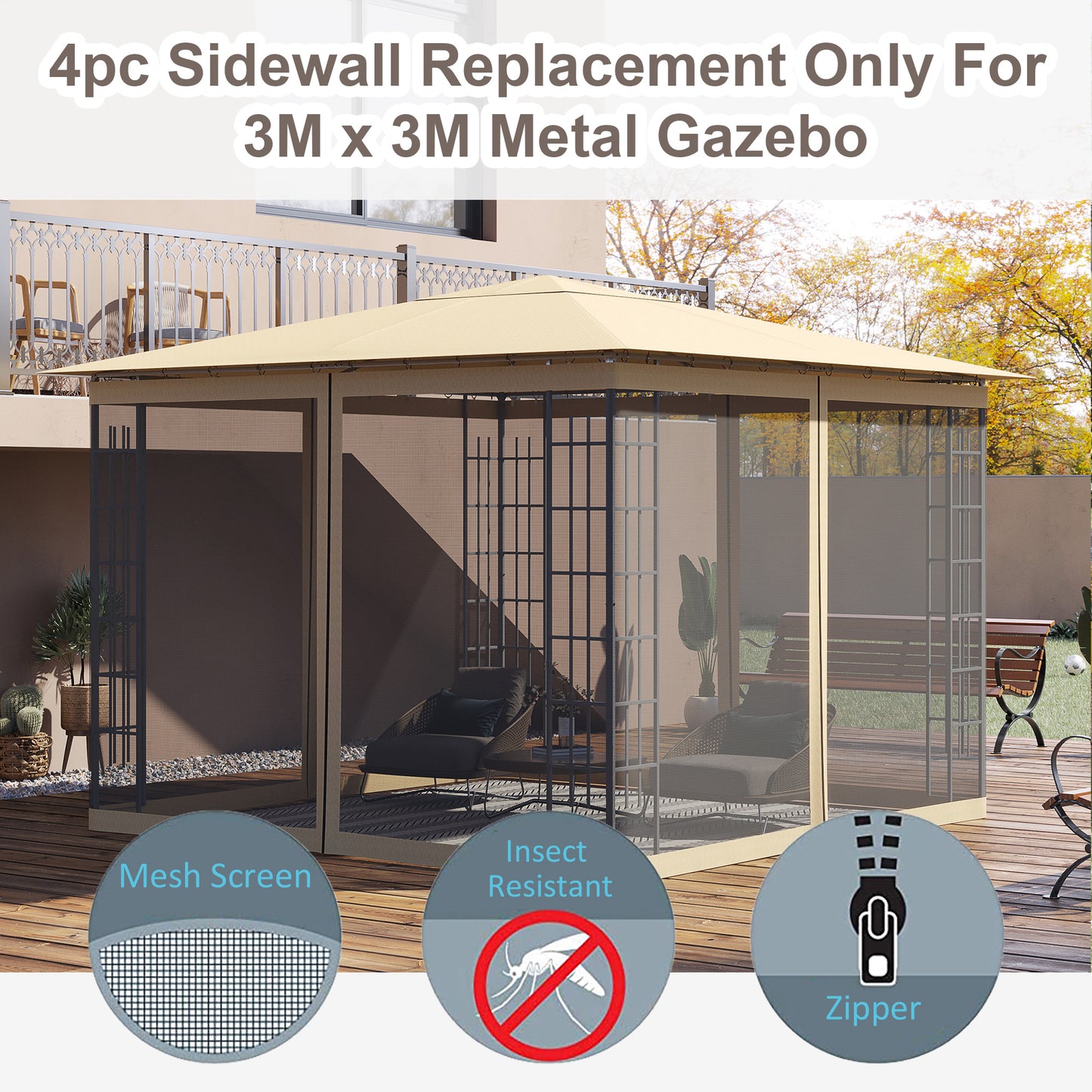 302 x 207cm Universal Replacement Mesh Sidewall Netting for Gazebos and Canopy Tents, (Sidewall Only) Beige