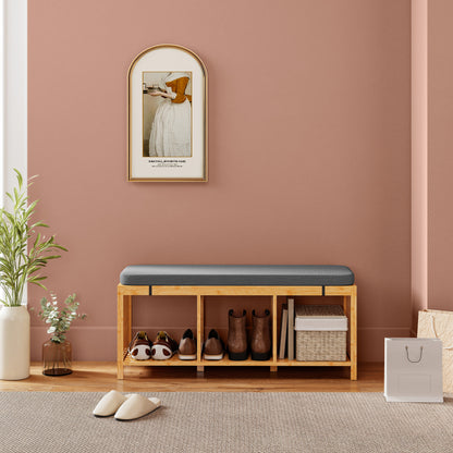 Bamboo Shoe Bench, Entryway Storage Bench with Padded Cushion and Open Shelf, Natural Wood Finish