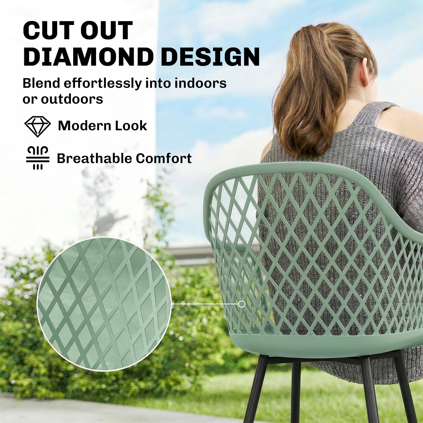 Garden Chairs Set of 4, Garden Dining Chairs with Cut Out Diamond Back and Armrests for Patio, Balcony, Terrace, Green