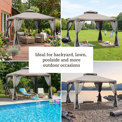 Outdoor Gazebo, 2-tier Roof with Netting for Garden Patio, 295L x 295W x 263Hcm, Taupe