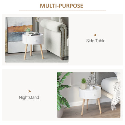 Modern Side Table, Small Coffee Table, Round Bedside Table with Drawer and Wood Legs for Living Room, Bedroom, White