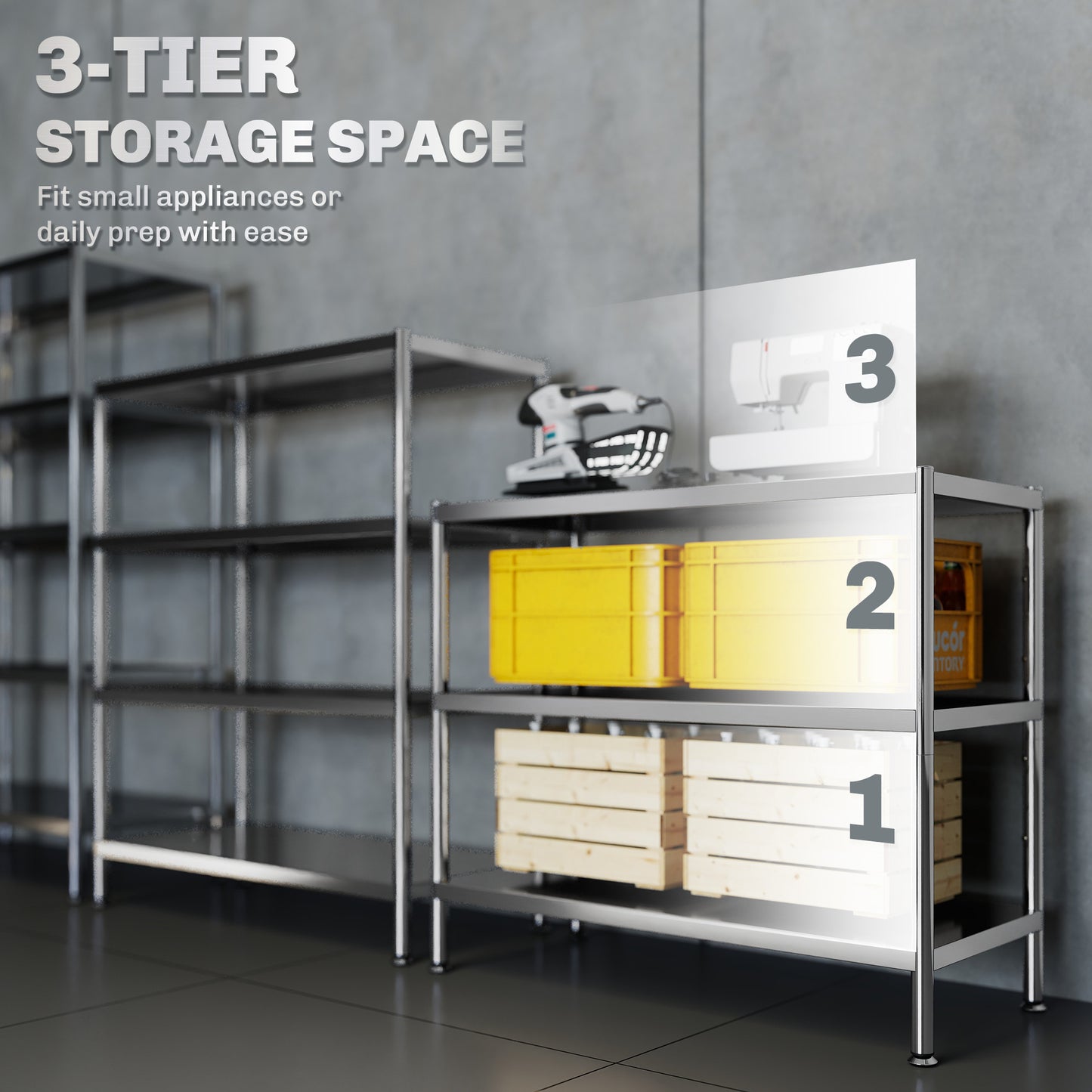 3-Tier Bakers Rack with Storage, Stainless Steel Microwave Stand with Adjustable Shelves for Small Spaces