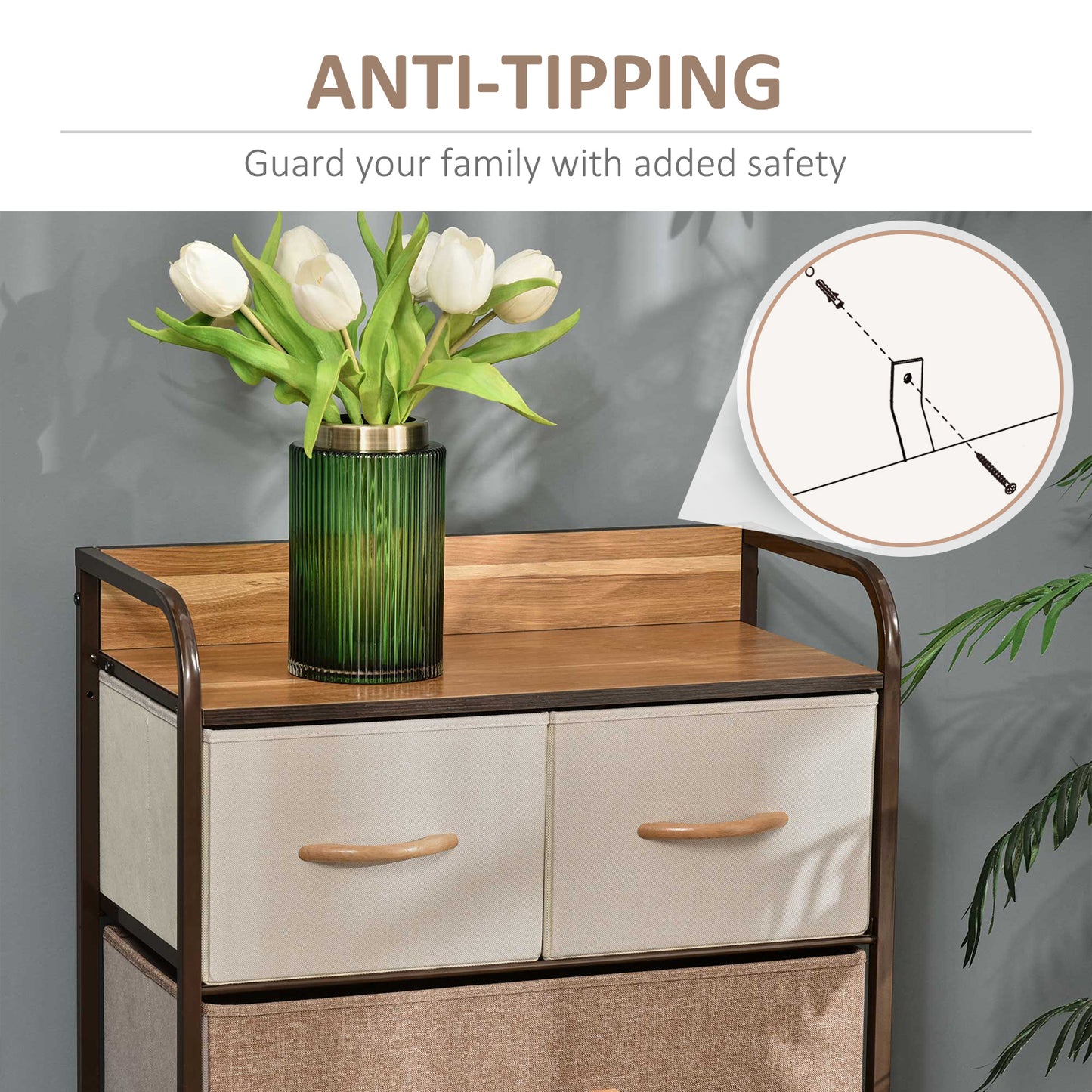 5-Drawer Dresser Tower 3-Tier Storage Organizer with Steel Frame Wooden Top for Bedroom Hallway Closets