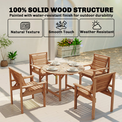 5 Pieces Garden Dining Set with Parasol Hole, Round Outdoor Table and Chairs, 4 Seater Wooden Garden Furniture, Natural