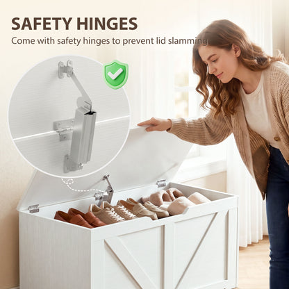 100L Home Storage Box, with Safety Hinge - White Wood-Effect