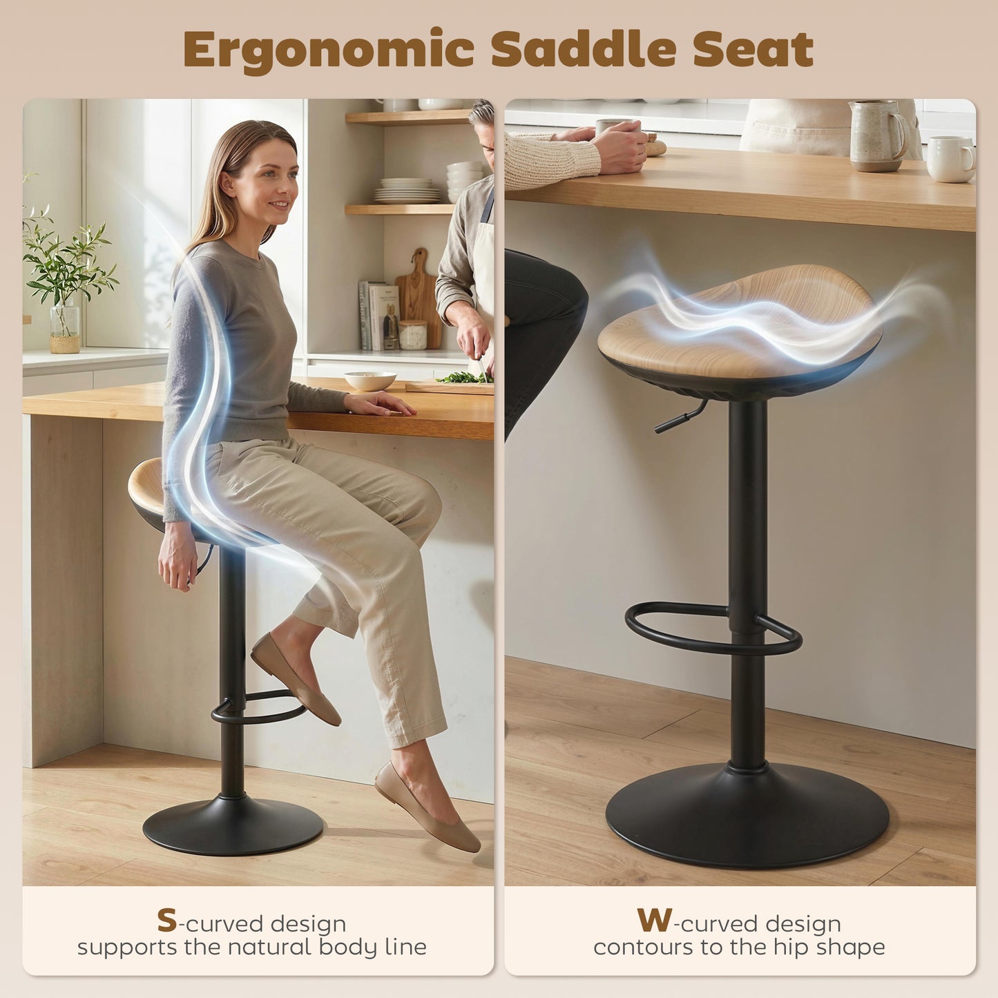 Set of 2 Barstools PU Leather Kitchen Stools with Saddle Seat Height Adjustable Swivel Kitchen Chairs with Footrest Oak