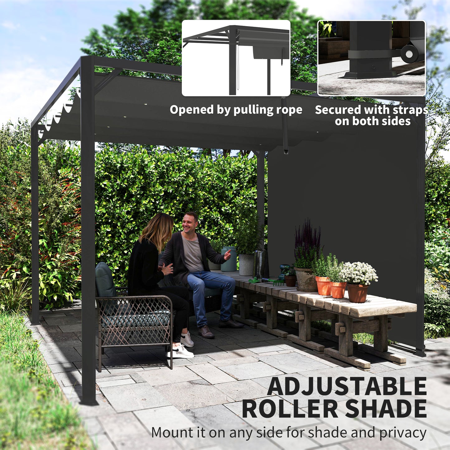 3 x 3m Aluminium Pergola, with Retractable Roof and Wall - Dark Grey