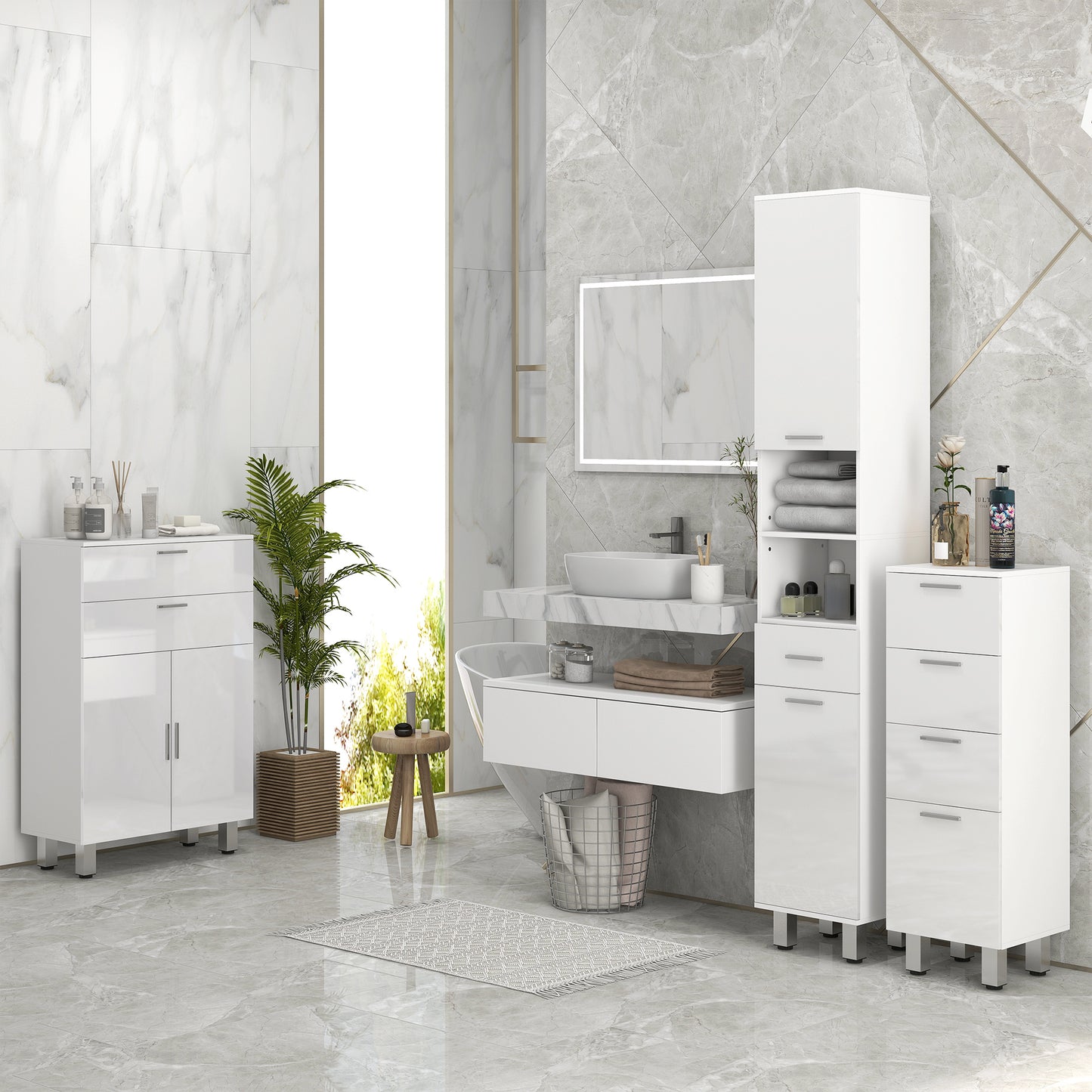 71" Tall Slim Bathroom Storage Cabinet, Narrow Cupboard with Drawer, Open Shelves, 2 Doors, White and High Gloss White