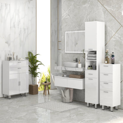 71" Tall Slim Bathroom Storage Cabinet, Narrow Cupboard with Drawer, Open Shelves, 2 Doors, White and High Gloss White
