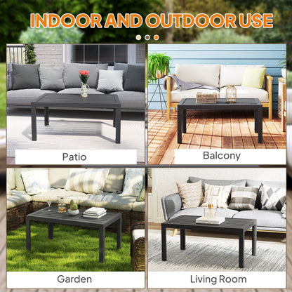 Outdoor Side Table, Rectangular Patio Coffee Side Table with Steel Frame and Slat Tabletop for Garden, Balcony, Grey