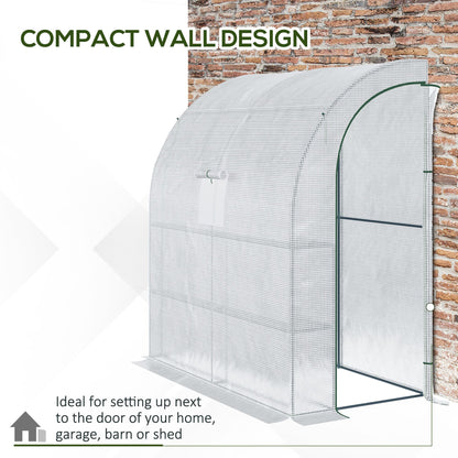 Walk-In Lean to Wall Greenhouse with Windows and Doors, Outdoor Green House with 3 Tiers 4 Wired Shelves