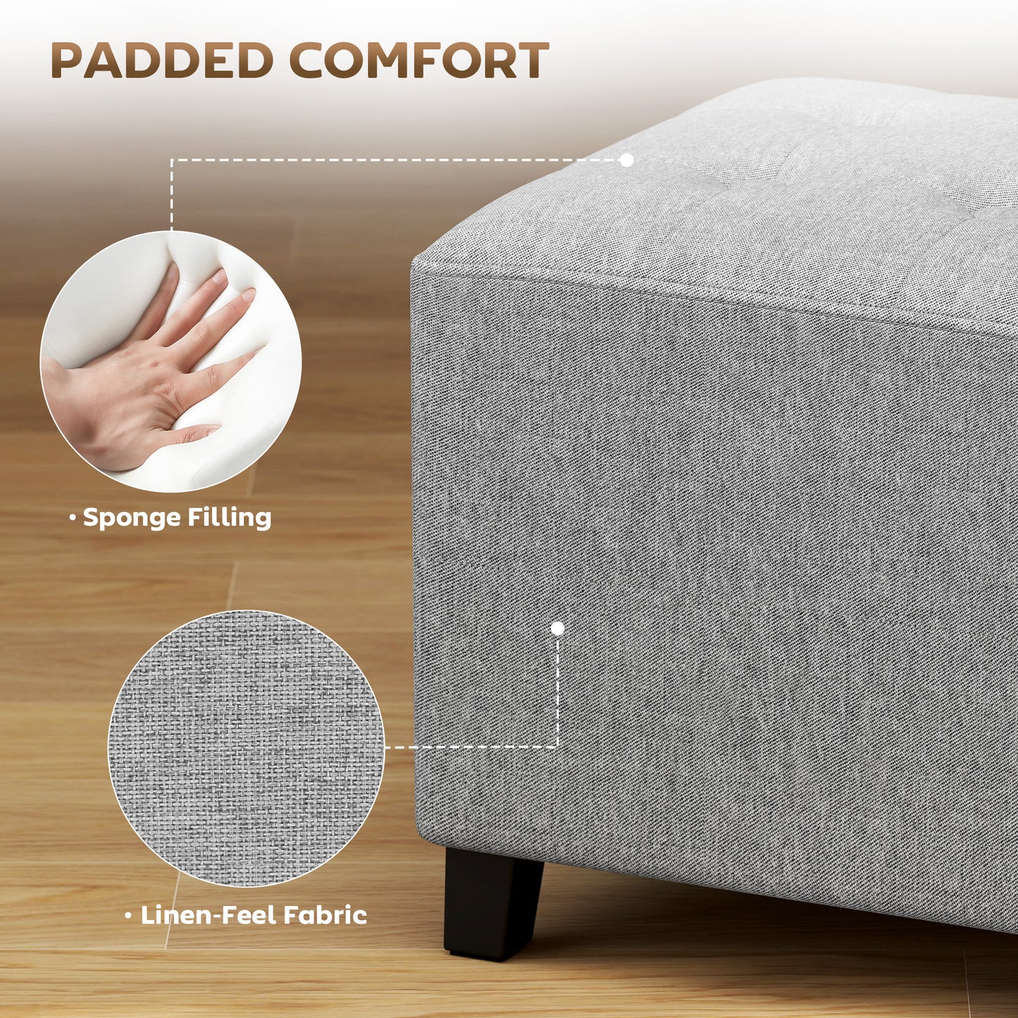 Square Footstool, Small Ottoman with Side Pocket, Linen Fabric Footrest Foot Stool with Rubber Wood Legs and Padded Seat for