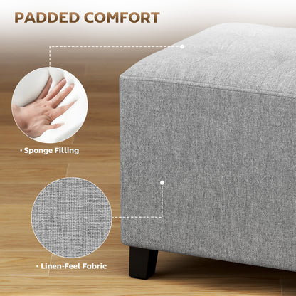 Square Footstool, Small Ottoman with Side Pocket, Linen Fabric Footrest Foot Stool with Rubber Wood Legs and Padded Seat for