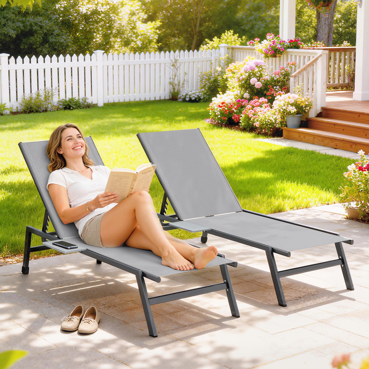 Sun Loungers Set of 2 with Side Tray Table, Garden Recliners with 5-Position Adjustable Backrest, 2 Wheels, Grey