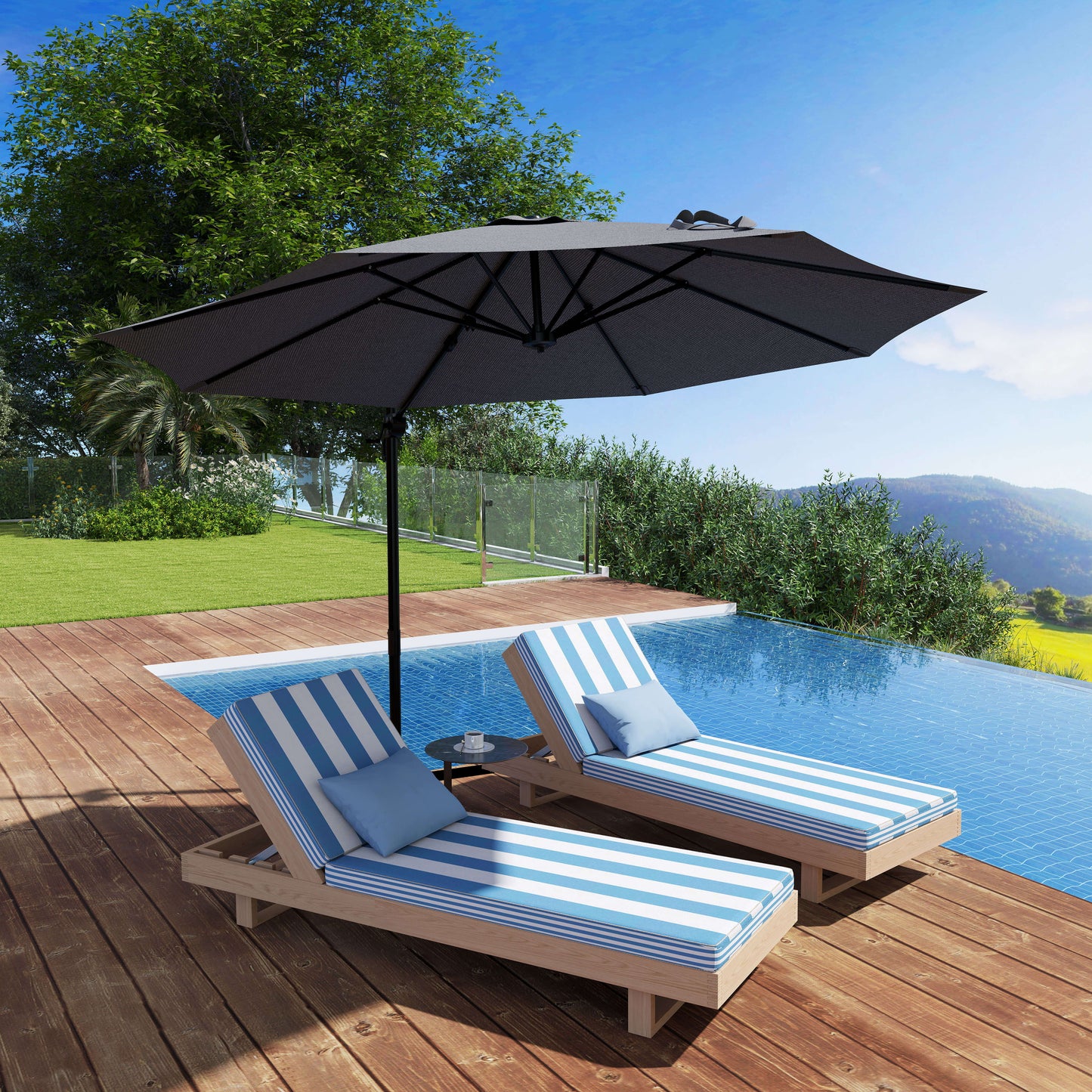 3(m) Offset Parasol Cantilever Hanging Umbrella 360° Rotation w/ Base Dark Grey