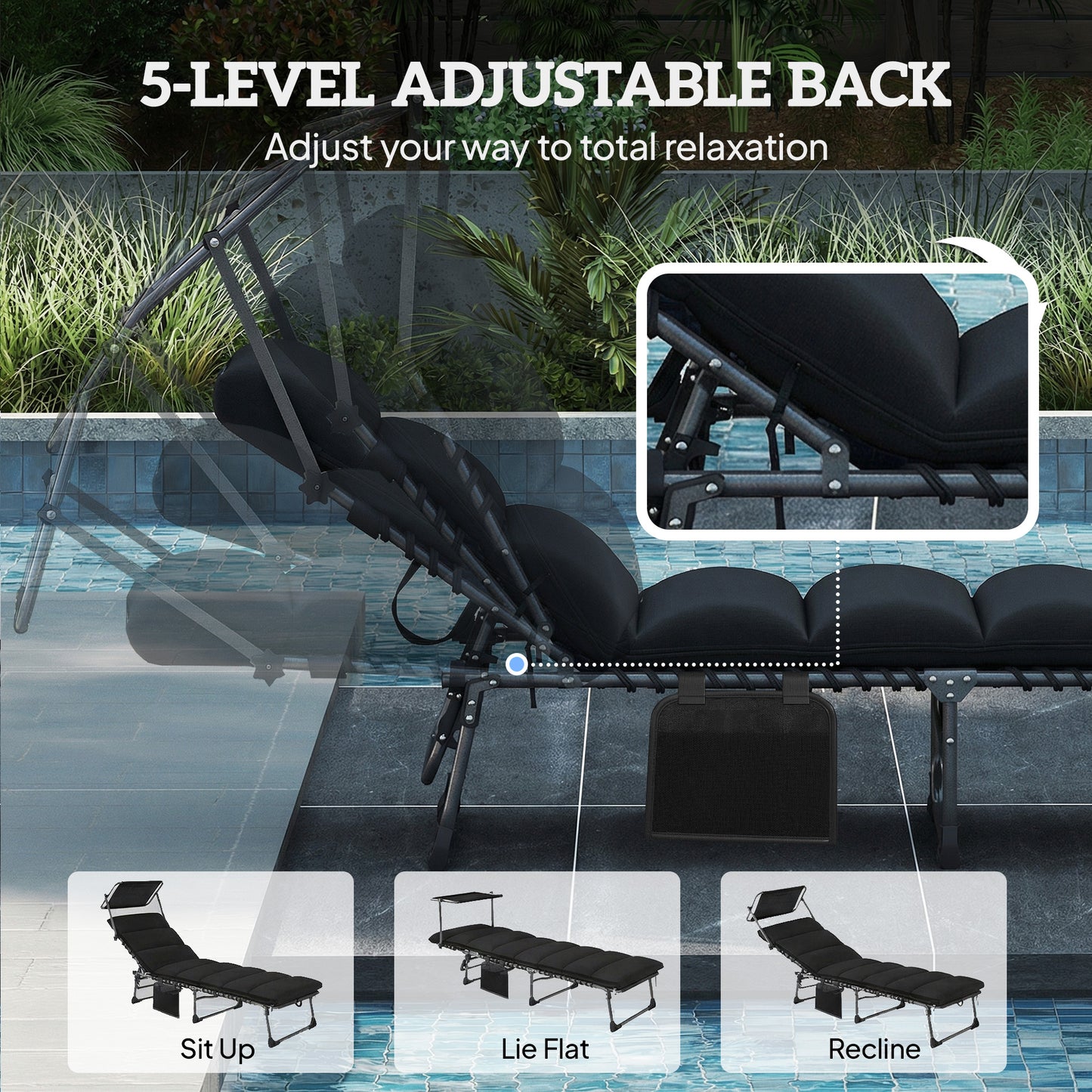 Folding Sun Lounger with Canopy, Reclining Sunbed with Cushion, Side Pocket, Carrying Handle, Black