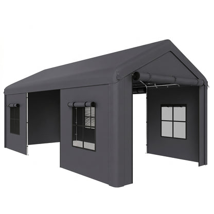 3 x 6 m Heavy Duty Carport, Portable Garage Car Canopy Tent with Galvanised Frame, Doors, Windows, Dark Grey