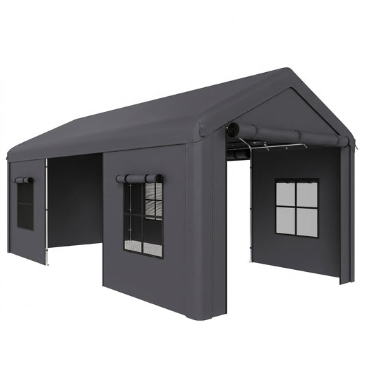 3 x 6 m Heavy Duty Carport, Portable Garage Car Canopy Tent with Galvanised Frame, Doors, Windows, Dark Grey