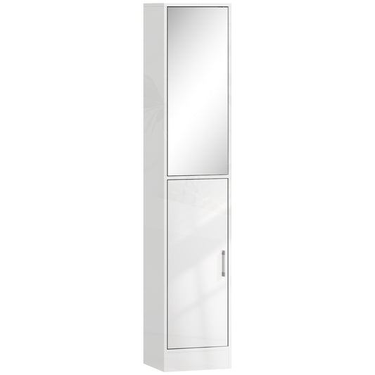 Tall Bathroom Cabinet with Mirror and Adjustable Shelf - High Gloss White