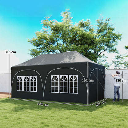 3 x 6m Pop Up Gazebo Shelter with Sides, 6 Sandbags, Peak Top Garden Party Tent Marquee with Carry Bag, Dark Grey