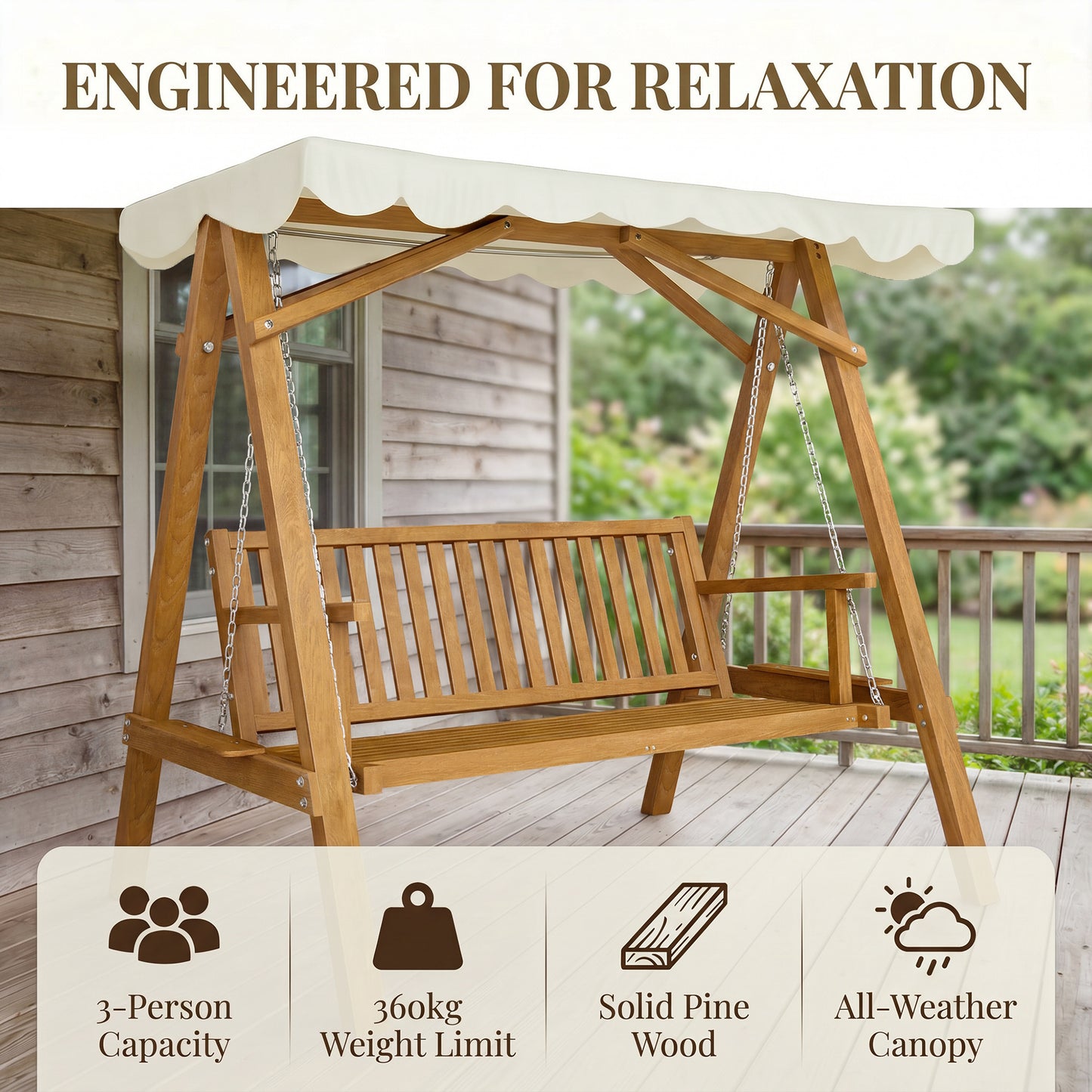 3 Seater Garden Swing Seat with Canopy, Wooden Swing Chair, Outdoor Hammock Bench for Balcony Patio Porch, Cream White