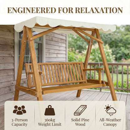 3 Seater Garden Swing Seat with Canopy, Wooden Swing Chair, Outdoor Hammock Bench for Balcony Patio Porch, Cream White
