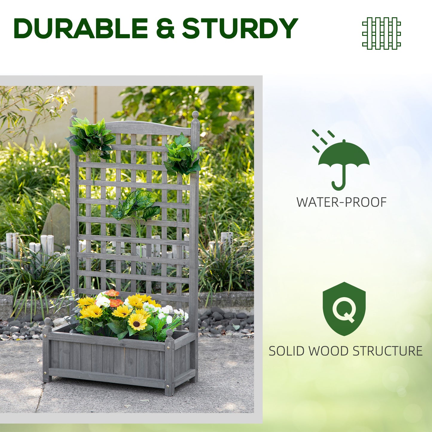 Garden Planters with Trellis for Climbing Vines, Wood Raised Beds for Garden, Flower Pot, Indoor Outdoor, Grey
