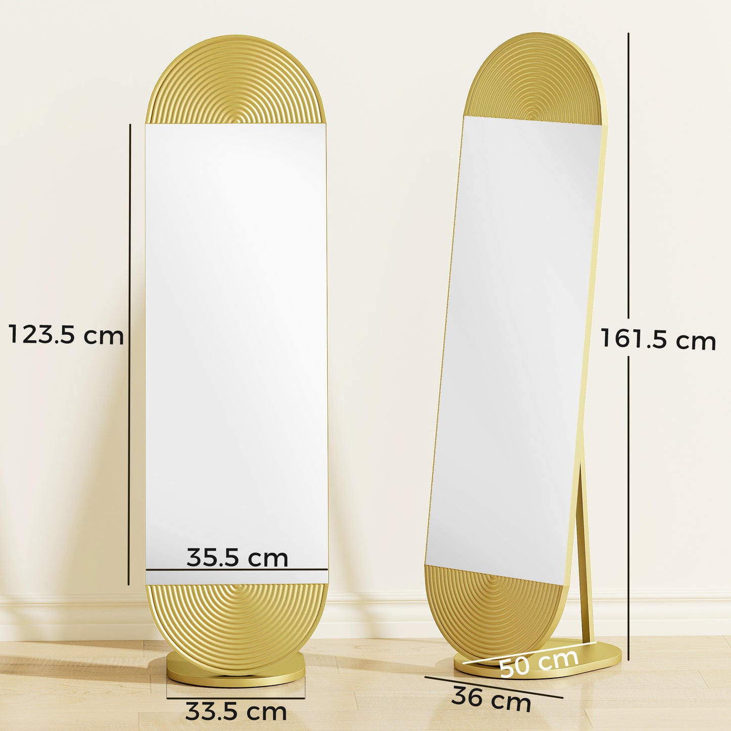 50 x 161 cm Wavy Full Length Mirror, Free Standing Mirror with Metal Frame and Solid Base, Gold Tone