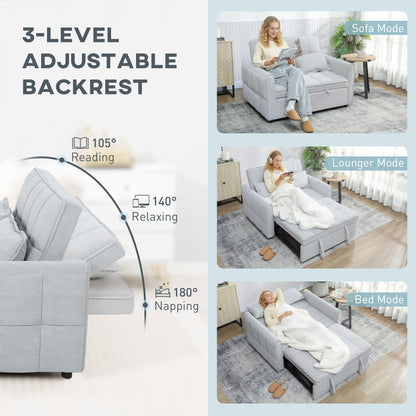 2 Seater Sofa Bed, 3-in-1 Convertible Sleeper Sofa with Click-clack Adjustable Backrest and 2 Pillows, Light Grey