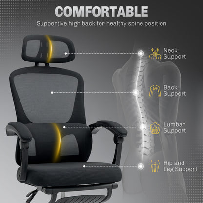 Ergonomic Office Chair, Mesh High Back Desk Chair with Adjustable Lumbar Support and Headrest, Footrest