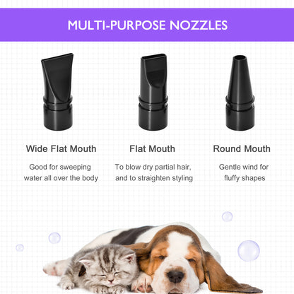 Dog Hair Dryer Pet Grooming Blaster Dryer Blower Adjustable Temperature Speed with 2.1M Flexible Hose 3 Nozzles - Purple
