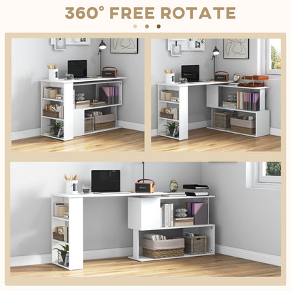 Corner Computer Desk, L Shaped Desk with 360° Rotating Bookshelf, 120L x 110W x 74.5H cm, White
