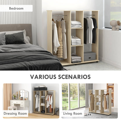 Open Wardrobe Double Mobile Storage Shelves Organizer W/6 Wheels-Natural