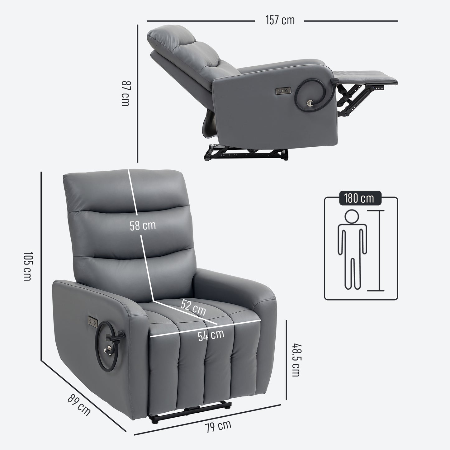 Electric Recliner Armchair with USB + Type C Charge Port, Phone Holder, PU Leather Reclining Chair with Adjustable Leg Rest
