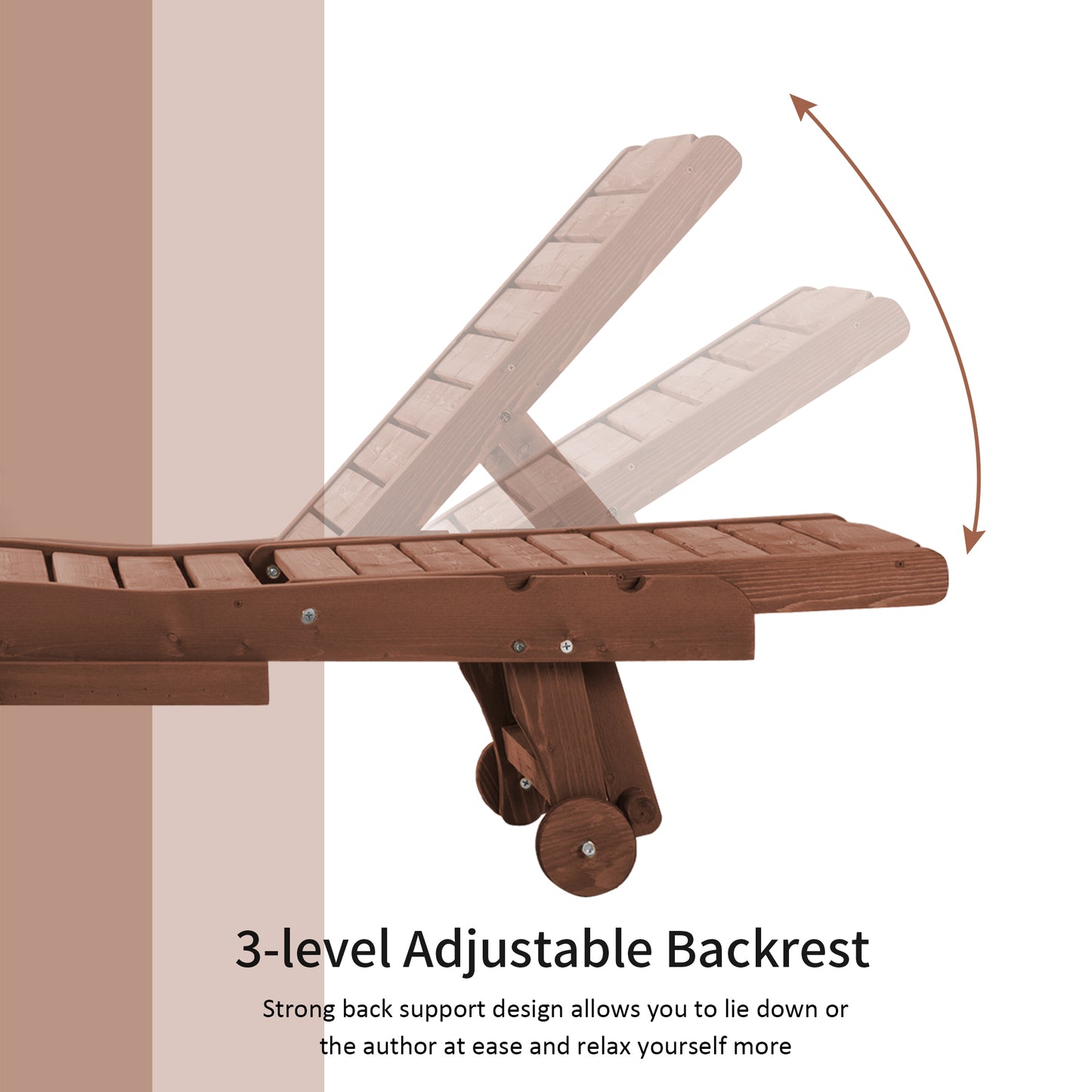 Outdoor Wooden Lounger Chair, Sun Bed with Built-In Table, Adjustable Backrest and Wheels, Red Brown