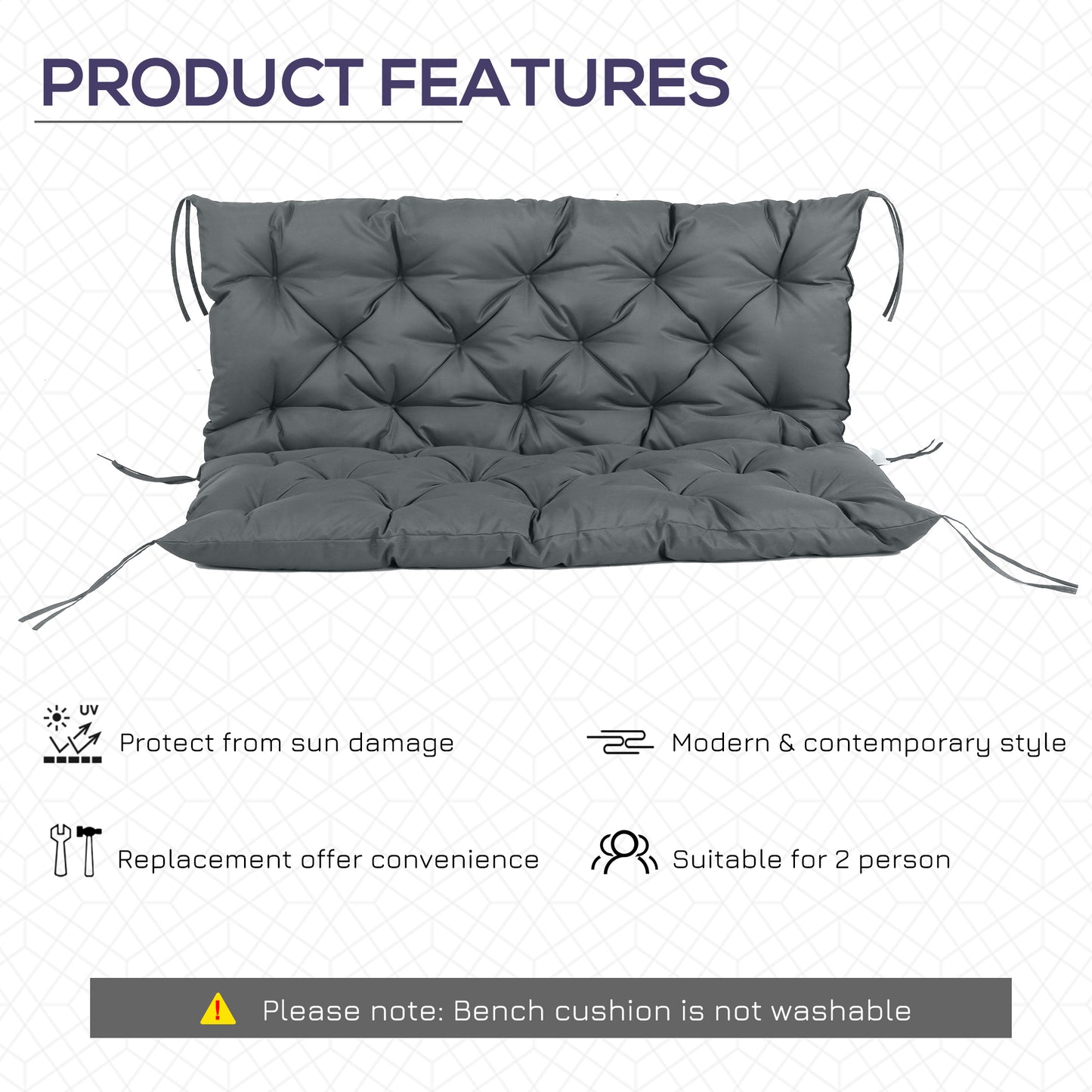 Garden Bench Cushion, 2 Seater Swing Chair Cushion, Seat Pad with Ties for Indoor and Outdoor Use, 120 x 110 x 12 cm