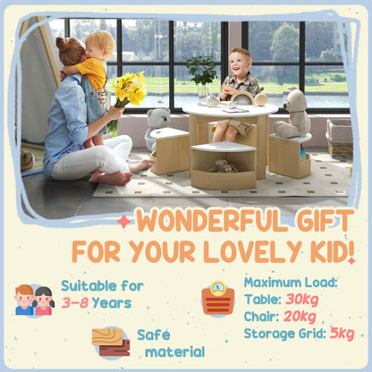 Five-Piece Kids Table and Chairs Set with Storage, for Ages 3-8 Years, White