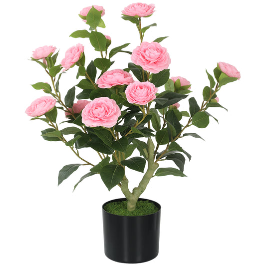 65cm Artificial Camellia Flower Plant in Pot with 116 Lush Leaves & Moss Effect, Pink