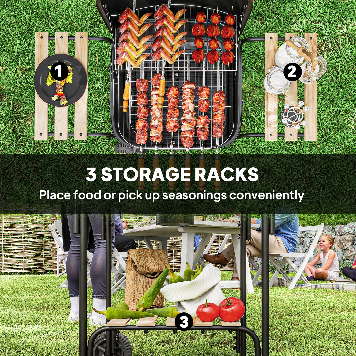 Charcoal Barbecue Grill Portable BBQ Grill with 1840 cm² Cooking Area, 3 Shelves, Adjustable Vent, Lockable Lid