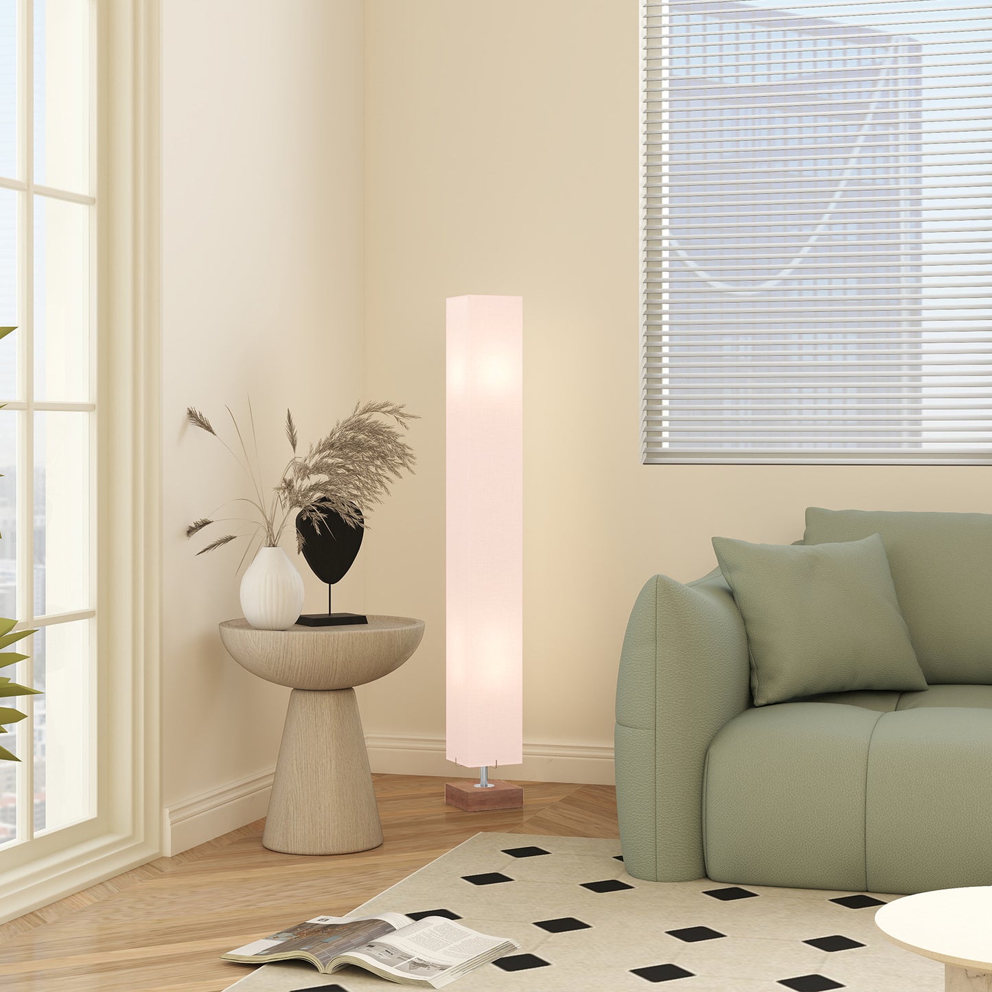 Floor Lamp, 120cm Standing Lamp with Linen Lampshade, Standard Light with Pine Wood Base for Living Room