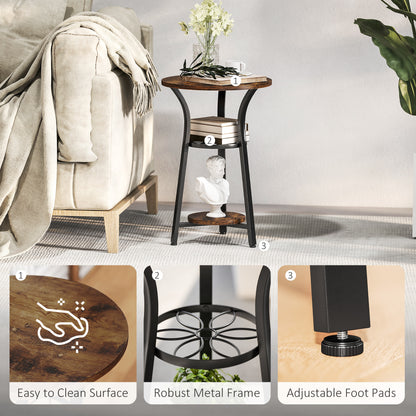 Small Round Side Table with 3 Storage Shelves - Rustic Brown