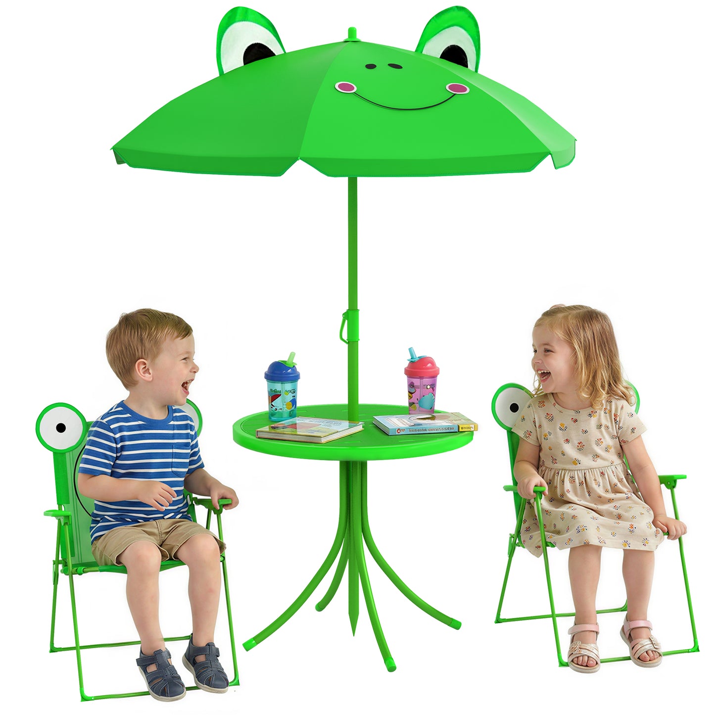 Kids Folding Picnic Table Chair Set w/ Parasol, Green